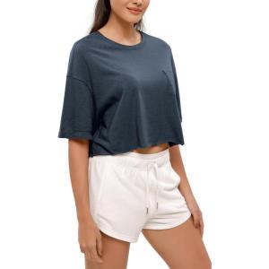 imageODODOS Recycled Cotton Short Sleeve Tee Shirts for Women Washed Crew Neck Roll Hem Drop Shoulder TopsNavy