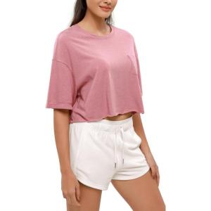 imageODODOS Recycled Cotton Short Sleeve Tee Shirts for Women Washed Crew Neck Roll Hem Drop Shoulder TopsPink