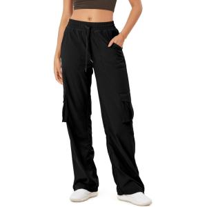 imageODODOS Stretch Woven Relaxed Cargo Pants for Women Cinchable Hems Lightweight Casual Sweatpants with PocketsBlack