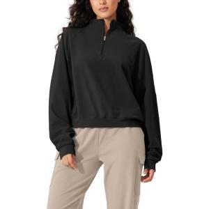 imageODODOS Womens Cotton Soft HalfZip Pullover Funnel Neck Sweatshirts Long Sleeve TopsBlack