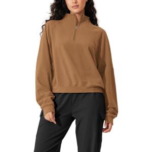 imageODODOS Womens Cotton Soft HalfZip Pullover Funnel Neck Sweatshirts Long Sleeve TopsBrown