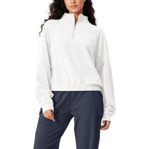 imageODODOS Womens Cotton Soft HalfZip Pullover Funnel Neck Sweatshirts Long Sleeve TopsWhite