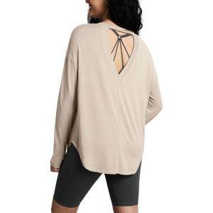 imageODODOS Womens PeachSoft HollowBack Long Sleeve Shirt with Thumb Holes Yoga ampamp Lounge TopBeige