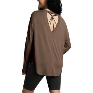 imageODODOS Womens PeachSoft HollowBack Long Sleeve Shirt with Thumb Holes Yoga ampamp Lounge TopNutria