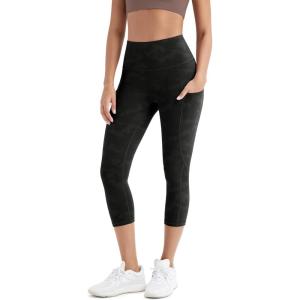 imageODODOS Womens High Waisted Yoga Capris with Pockets Tummy Control Non See Through Workout Athletic Running Capri LeggingsEmboss Camo Black