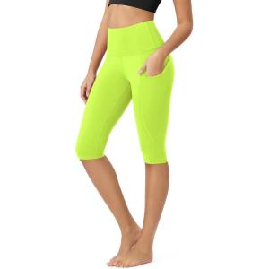 imageODODOS Womens High Waisted Yoga Capris with Pockets Tummy Control Non See Through Workout Athletic Running Capri LeggingsNeon Green Yellow