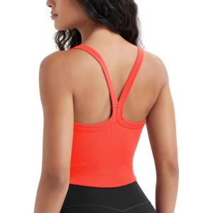 imageODODOS Womens Seamless Crop Cami Wide Scoop Neck Ribbed Soft Open Racerback Cropped TankNeon Coral
