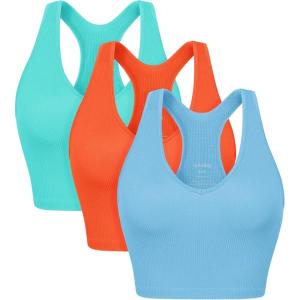 imageODODOS 3Pack Seamless Racerback Crop Tank for Women Ribbed Knit Soft Crop TopsAquaorangecyan Blue