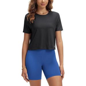 imageODODOS Womens Performance Cropped Tee Ultra Soft Stratum Tech Short Sleeve Relaxed Top Crew Neck TShirtsBlack Heather