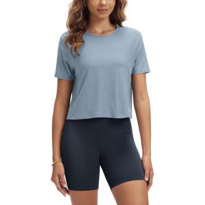imageODODOS Womens Performance Cropped Tee Ultra Soft Stratum Tech Short Sleeve Relaxed Top Crew Neck TShirtsDusty Blue Heather