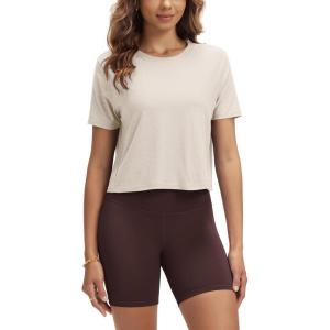 imageODODOS Womens Performance Cropped Tee Ultra Soft Stratum Tech Short Sleeve Relaxed Top Crew Neck TShirtsEcru Heather