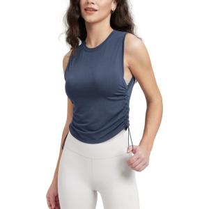 imageODODOS Womens Side Ruched Muscle Tee PeachSoft Sleeveless Shirts Crew Neck Tank TopsNaval