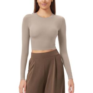 imageODODOS Thin Soft Long Sleeve Tee for Women Crew Neck Tops Lightweight Slim Fit TShirtsLight Mocha