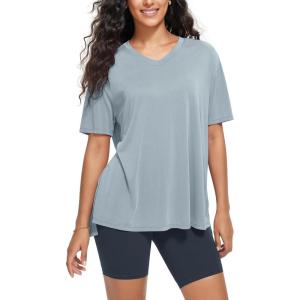 imageODODOS Womens Split Hem Oversize Short Sleeve Shirts Modal Soft V Neck Tee Casual Lounge Yoga TopsBlue Fog