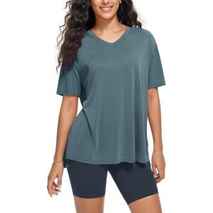 imageODODOS Womens Split Hem Oversize Short Sleeve Shirts Modal Soft V Neck Tee Casual Lounge Yoga TopsBluesteel