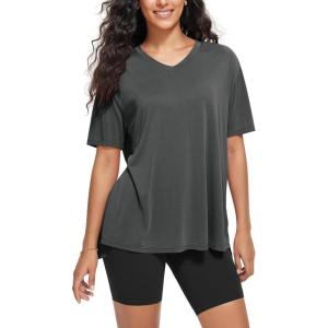imageODODOS Womens Split Hem Oversize Short Sleeve Shirts Modal Soft V Neck Tee Casual Lounge Yoga TopsCharcoal