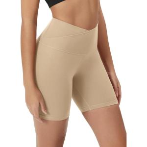 imageODODOS Cloud Feeling Crossover Yoga Shorts with Back Pocket for Women 6quot  8quot V High Wasit Lounge Biker ShortsBeige