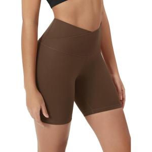 imageODODOS Cloud Feeling Crossover Yoga Shorts with Back Pocket for Women 6quot  8quot V High Wasit Lounge Biker ShortsBrunette