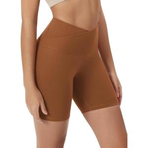 imageODODOS Cloud Feeling Crossover Yoga Shorts with Back Pocket for Women 6quot  8quot V High Wasit Lounge Biker ShortsCaramel