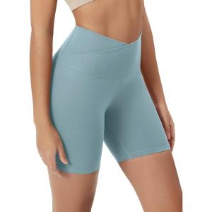 imageODODOS Cloud Feeling Crossover Yoga Shorts with Back Pocket for Women 6quot  8quot V High Wasit Lounge Biker ShortsChambray