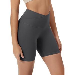 imageODODOS Cloud Feeling Crossover Yoga Shorts with Back Pocket for Women 6quot  8quot V High Wasit Lounge Biker ShortsCharcoal