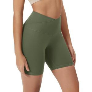imageODODOS Cloud Feeling Crossover Yoga Shorts with Back Pocket for Women 6quot  8quot V High Wasit Lounge Biker ShortsDark Olive