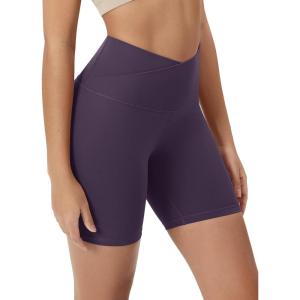 imageODODOS Cloud Feeling Crossover Yoga Shorts with Back Pocket for Women 6quot  8quot V High Wasit Lounge Biker ShortsDark Purple