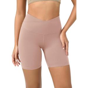imageODODOS Cloud Feeling Crossover Yoga Shorts with Back Pocket for Women 6quot  8quot V High Wasit Lounge Biker ShortsDusty Pink