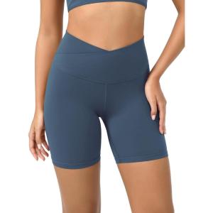 imageODODOS Cloud Feeling Crossover Yoga Shorts with Back Pocket for Women 6quot  8quot V High Wasit Lounge Biker ShortsInk Blue