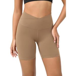 imageODODOS Cloud Feeling Crossover Yoga Shorts with Back Pocket for Women 6quot  8quot V High Wasit Lounge Biker ShortsLight Brown