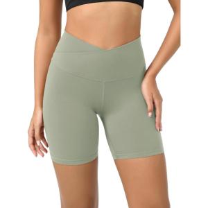 imageODODOS Cloud Feeling Crossover Yoga Shorts with Back Pocket for Women 6quot  8quot V High Wasit Lounge Biker ShortsLime Stone