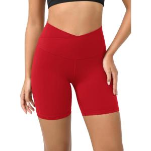 imageODODOS Cloud Feeling Crossover Yoga Shorts with Back Pocket for Women 6quot  8quot V High Wasit Lounge Biker ShortsRed