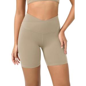 imageODODOS Cloud Feeling Crossover Yoga Shorts with Back Pocket for Women 6quot  8quot V High Wasit Lounge Biker ShortsShaker Beige