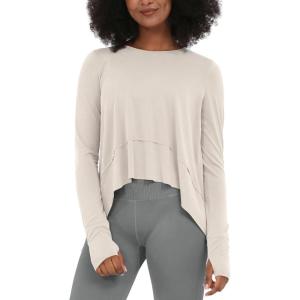 imageODODOS Long Sleeve Tee for Women with Thumb Hole Athletic Gym Workout Crop Tops Yoga ShirtsAbalone Beigewashed