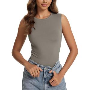 imageODODOS Womens Double Layer Sleeveless Tee UltraSoft Lightweight Crew Neck Basic TShirts Slim Fit Tank TopDesert Taupe
