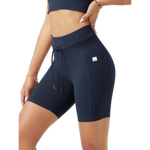 imageODODOS Womens Drawstring Tie Daily Shorts with Pockets 6quot Inseam High Waist Workout Yoga Biker ShortsDeep Navy