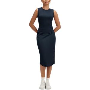 imageODODOS Womens Side Shirred Midi Tank Dress Cloud Feeling Crewneck Sleeveless Bodycon DressDeep Navy