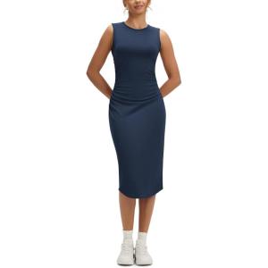imageODODOS Womens Side Shirred Midi Tank Dress Cloud Feeling Crewneck Sleeveless Bodycon DressNavy