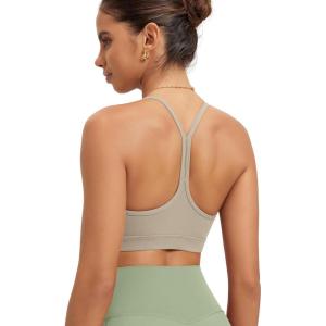 imageODODOS Cloud Feeling Y Racerback Sports Bra for Women Wirefree Padded Strappy Yoga BraDark Beige
