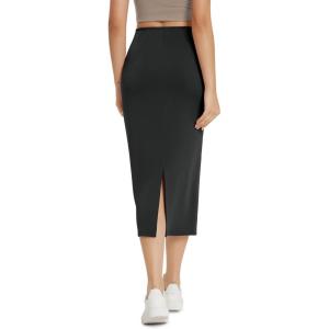 imageODODOS Modal Soft Midi Skirt for Women Back Slit High Waist Casual Long Pencil Skirts with PocketsBlack