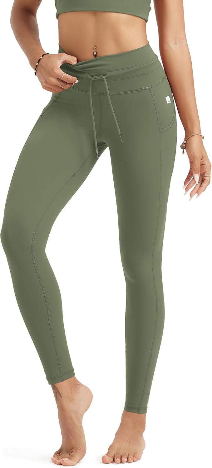 imageODODOS Womens Drawstring Tie Daily Pocket Leggings 25quot  28quot High Waist Workout Yoga PantsDark Olive