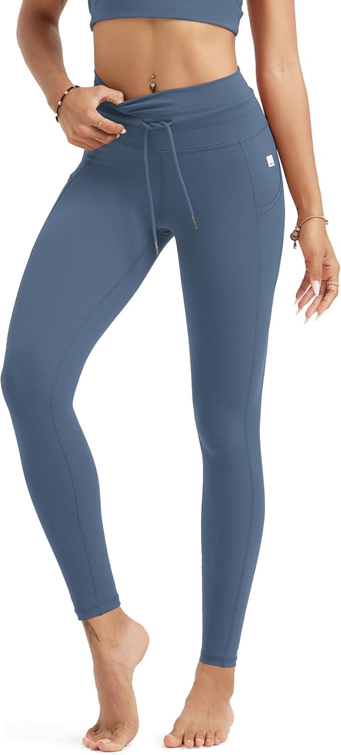 imageODODOS Womens Drawstring Tie Daily Pocket Leggings 25quot  28quot High Waist Workout Yoga PantsInk Blue