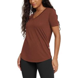 imageODODOS Womens Short Sleeve TShirts Graphene Ultralight Soft Breathable Side Slit V Neck Yoga Workout Casual TopRust Red