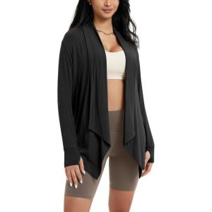 imageODODOS Womens Drape Open Front Cardigans Cozy Soft Long Sleeve Casual Wrap Outerwear with Pockets Thumb HoleBlack