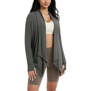 imageODODOS Womens Drape Open Front Cardigans Cozy Soft Long Sleeve Casual Wrap Outerwear with Pockets Thumb HoleCharcoal