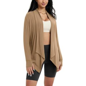 imageODODOS Womens Drape Open Front Cardigans Cozy Soft Long Sleeve Casual Wrap Outerwear with Pockets Thumb HoleMustard Gold