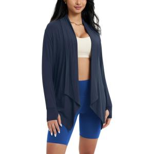 imageODODOS Womens Drape Open Front Cardigans Cozy Soft Long Sleeve Casual Wrap Outerwear with Pockets Thumb HoleNavy