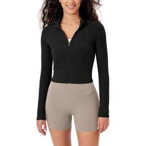 imageODODOS Womens FullZip Athletic Jacket Cloud Feeling Soft Long Sleeve SlimFit Running Gym Workout Yoga Cropped TopsBlack