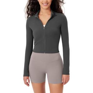 imageODODOS Womens FullZip Athletic Jacket Cloud Feeling Soft Long Sleeve SlimFit Running Gym Workout Yoga Cropped TopsCharcoal