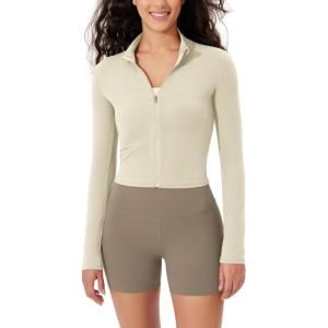 imageODODOS Womens FullZip Athletic Jacket Cloud Feeling Soft Long Sleeve SlimFit Running Gym Workout Yoga Cropped TopsOat Milk